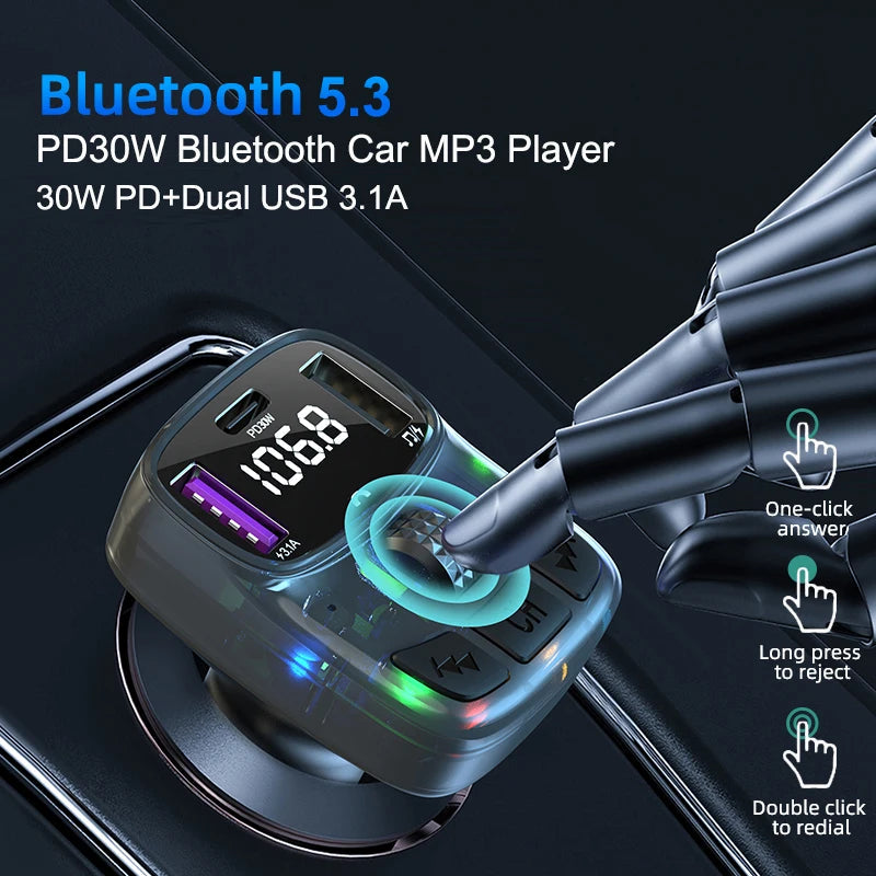 Car Bluetooth 5.3 FM Transmitter PD 30W Type-C Dual USB 4.2A Fast Charger Ambient Light Handsfree Radio Modulator MP3 Player