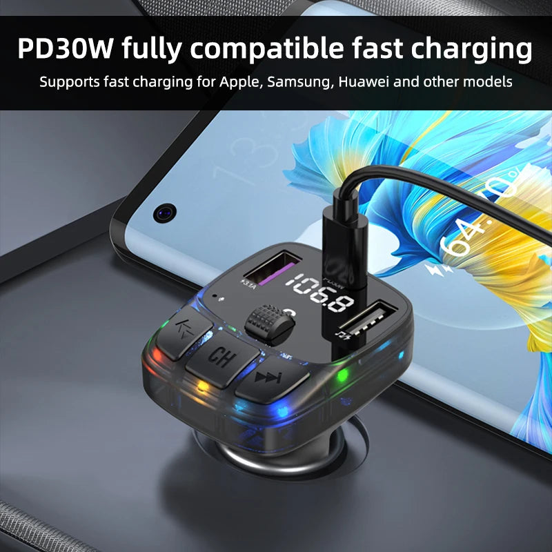 Car Bluetooth 5.3 FM Transmitter PD 30W Type-C Dual USB 4.2A Fast Charger Ambient Light Handsfree Radio Modulator MP3 Player