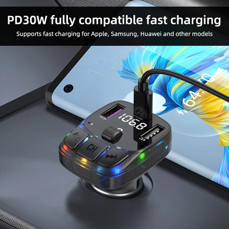 Car Bluetooth 5.3 FM Transmitter PD 30W Type-C Dual USB 4.2A Fast Charger Ambient Light Handsfree Radio Modulator MP3 Player
