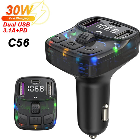 Car Bluetooth 5.3 FM Transmitter PD 30W Type-C Dual USB 4.2A Fast Charger Ambient Light Handsfree Radio Modulator MP3 Player