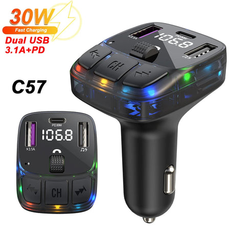 Car Bluetooth 5.3 FM Transmitter PD 30W Type-C Dual USB 4.2A Fast Charger Ambient Light Handsfree Radio Modulator MP3 Player