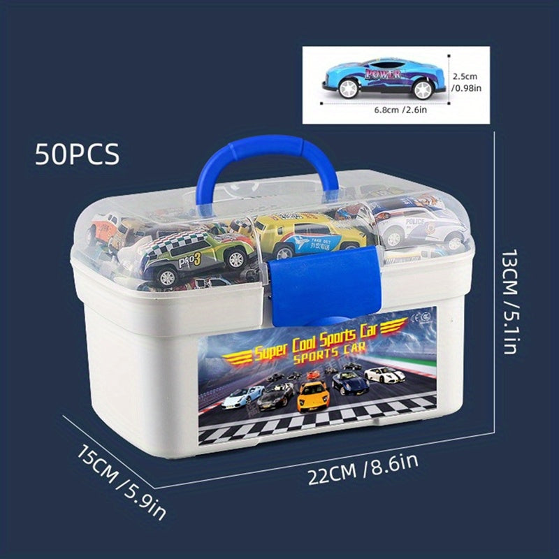 50pcs Mini Alloy Car with Storage Box - Children's Toys, Halloween, Christmas Gift Alloy Tin Car / Alloy Tin Car [50 Pieces] + Storage Box + Map