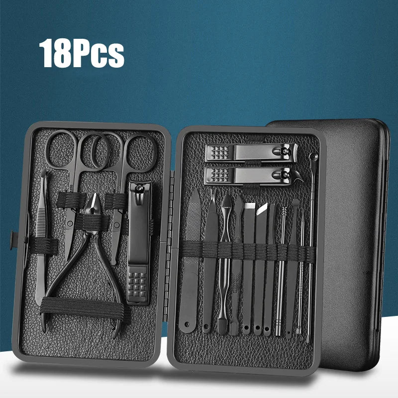 Classic Black 18/16/12/10/7Pcs Nail Clipper Set Stainless Steel Manicure Cutters Ear Spoon Nail Scissors Tool Pedicure Household
