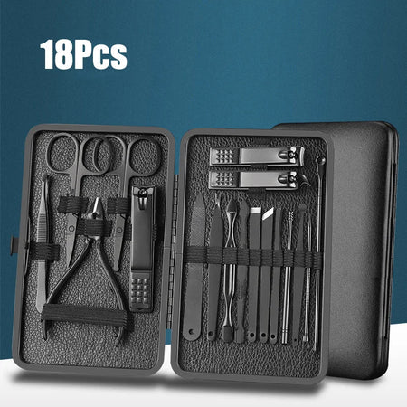 Classic Black 18/16/12/10/7Pcs Nail Clipper Set Stainless Steel Manicure Cutters Ear Spoon Nail Scissors Tool Pedicure Household
