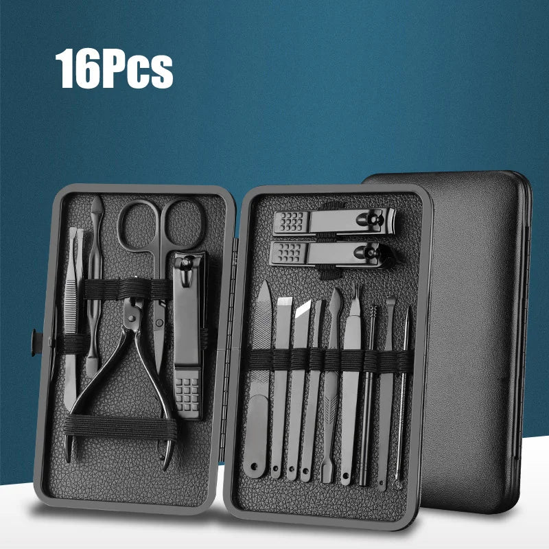 Classic Black 18/16/12/10/7Pcs Nail Clipper Set Stainless Steel Manicure Cutters Ear Spoon Nail Scissors Tool Pedicure Household