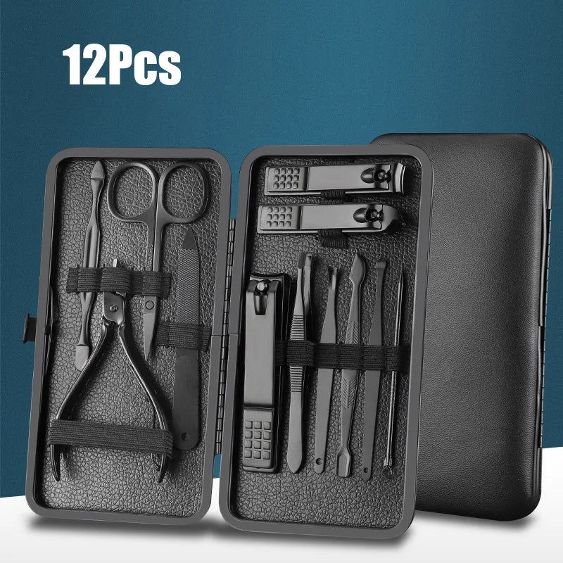 Classic Black 18/16/12/10/7Pcs Nail Clipper Set Stainless Steel Manicure Cutters Ear Spoon Nail Scissors Tool Pedicure Household