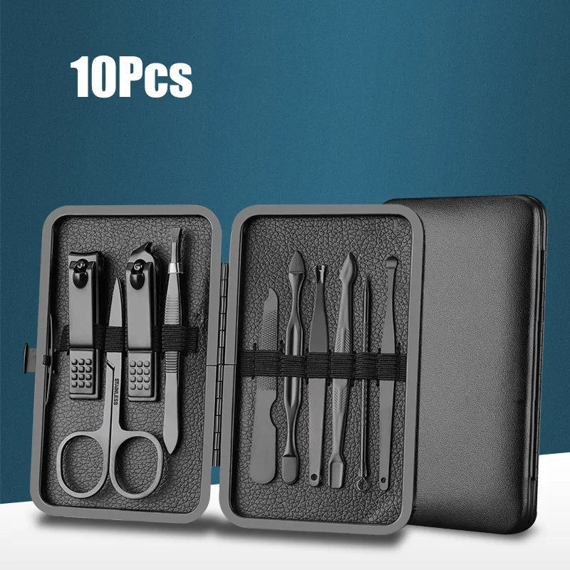 Classic Black 18/16/12/10/7Pcs Nail Clipper Set Stainless Steel Manicure Cutters Ear Spoon Nail Scissors Tool Pedicure Household