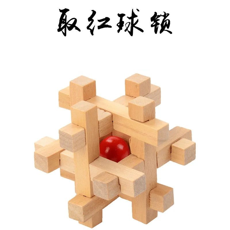 Creative 3D Wooden Cube Puzzle Ming Luban Interlocking Educational Toys For Children Kids Brain Teaser Early Learning Toy Gift Take Red Ball Lock