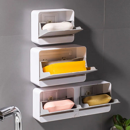 Creative Wall Mounted Soap Box with Lid Double Grids Soap Draining Rack Bathroom Soap Holder Bathroom Accessories grey / L