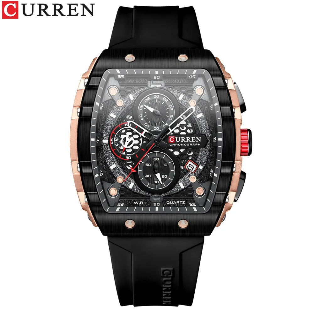 CURREN Top Brand Men's Watches Luxury Square Quartz Wristwatch  Waterproof Luminous Chronograph Watch for Men Date Clock black / CHINA
