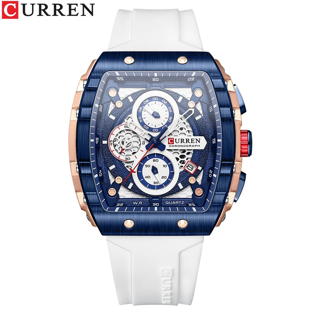 CURREN Top Brand Men's Watches Luxury Square Quartz Wristwatch  Waterproof Luminous Chronograph Watch for Men Date Clock blue white / CHINA