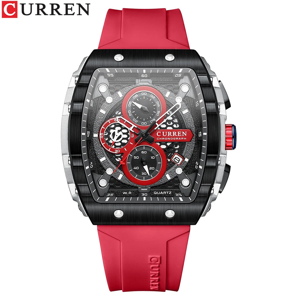 CURREN Top Brand Men's Watches Luxury Square Quartz Wristwatch  Waterproof Luminous Chronograph Watch for Men Date Clock red / CHINA