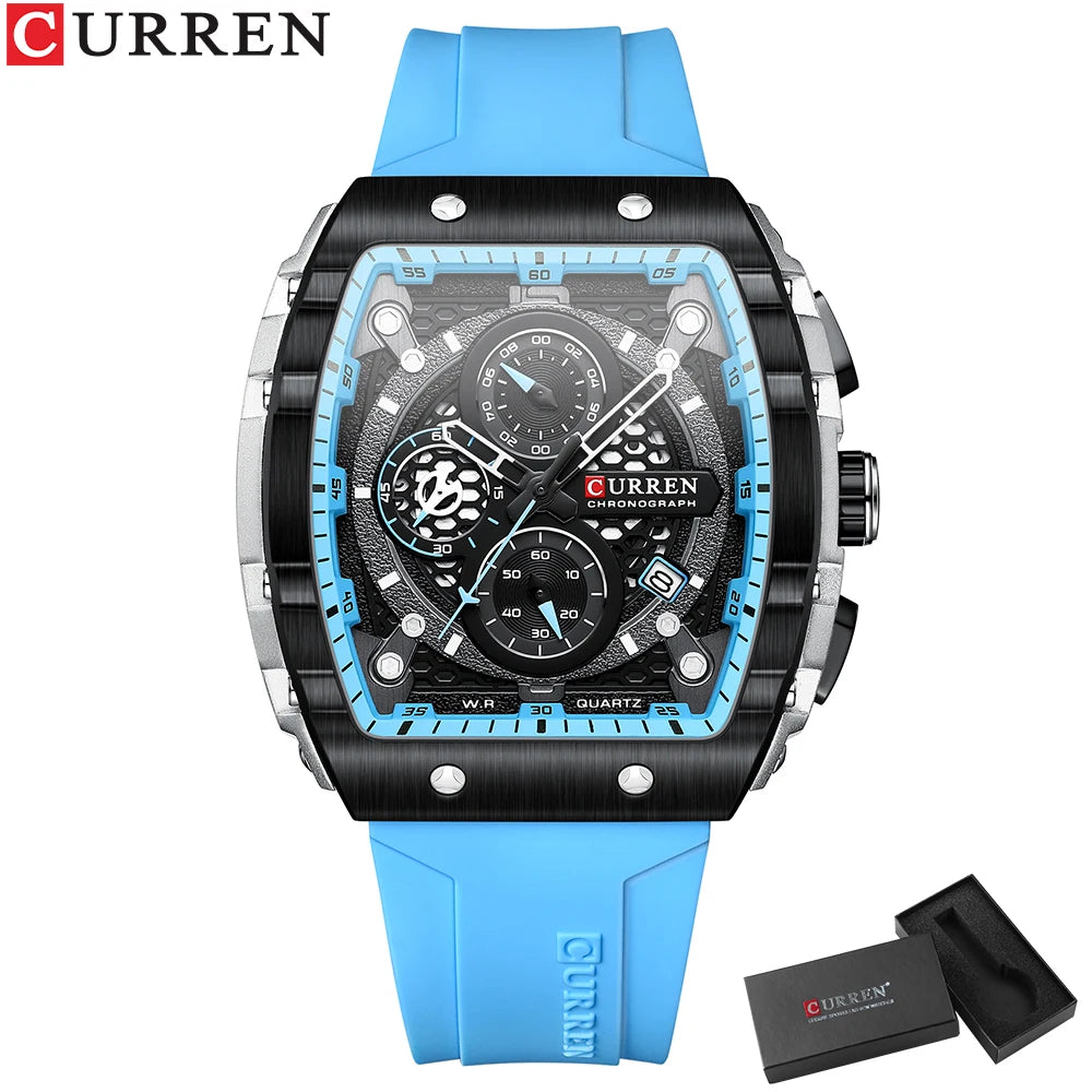 CURREN Top Brand Men's Watches Luxury Square Quartz Wristwatch  Waterproof Luminous Chronograph Watch for Men Date Clock sky blue box / CHINA