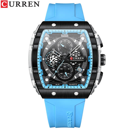 CURREN Top Brand Men's Watches Luxury Square Quartz Wristwatch  Waterproof Luminous Chronograph Watch for Men Date Clock sky blue / CHINA