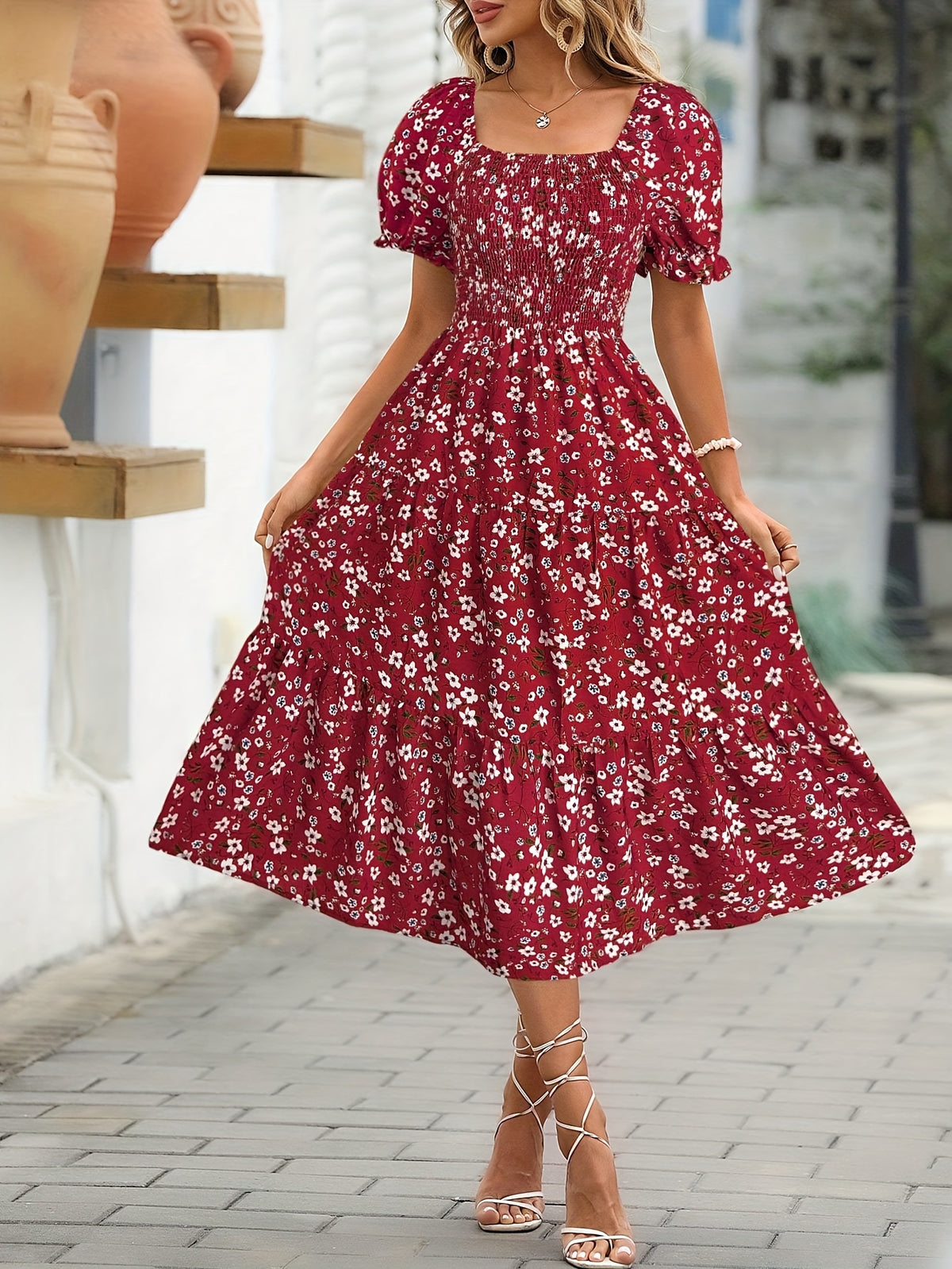 Elegant Floral Print Midi Dress with Ruffle Sleeves and Square Neck