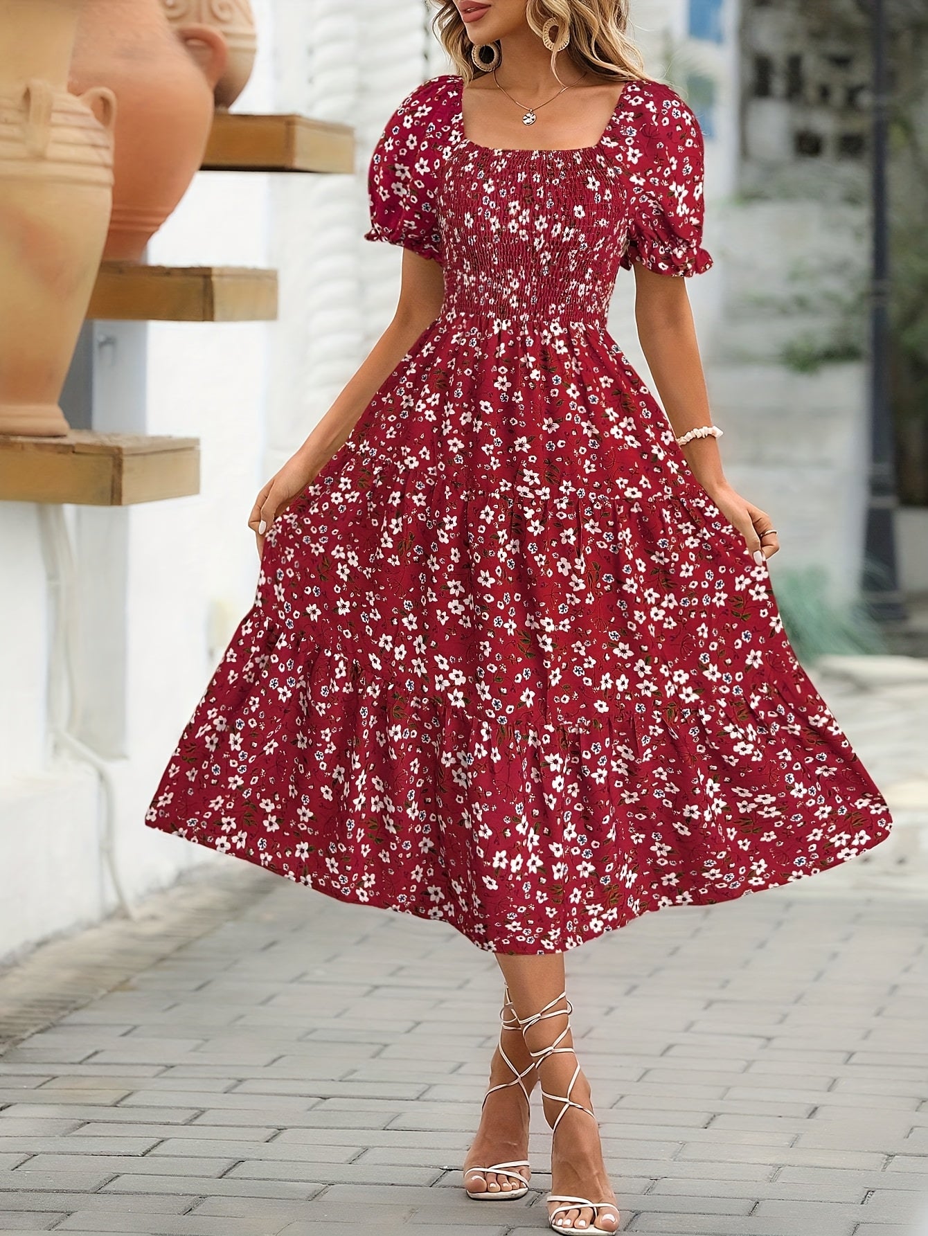 Elegant Floral Print Midi Dress with Ruffle Sleeves and Square Neck