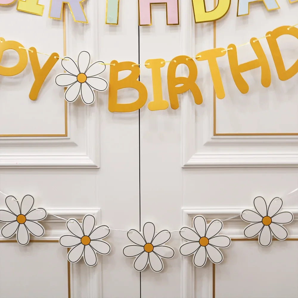 Daisy Happy Birthday Party Decoration Banner White Flower Garland 5M
