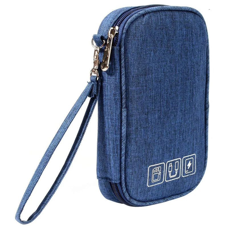 Data Cable Storage Bag, Portable Headphone Manager, Digital Gadget Suitcase, Double-layer Digital USB Hard Drive Protection Bag blue