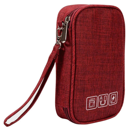 Data Cable Storage Bag, Portable Headphone Manager, Digital Gadget Suitcase, Double-layer Digital USB Hard Drive Protection Bag Wine red