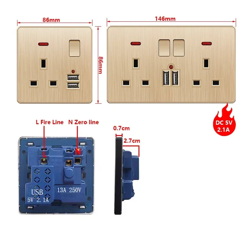 Depoguye Gold 13A UK Plug USB Wall Power Socket, Universal 10-hole outlet with Switch Electrical wall outlet with usb charger