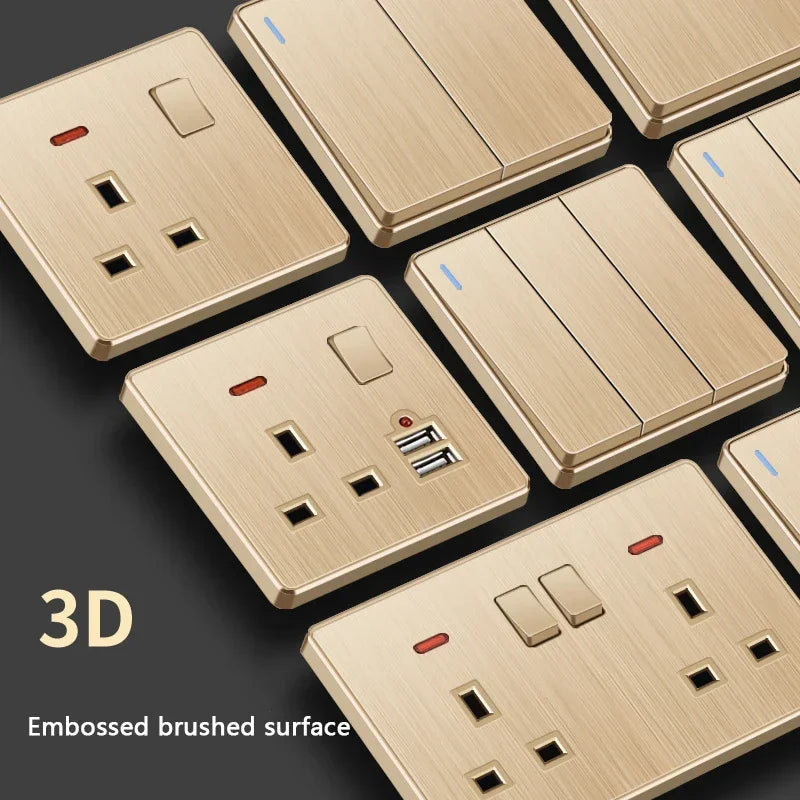 Depoguye Gold 13A UK Plug USB Wall Power Socket, Universal 10-hole outlet with Switch Electrical wall outlet with usb charger