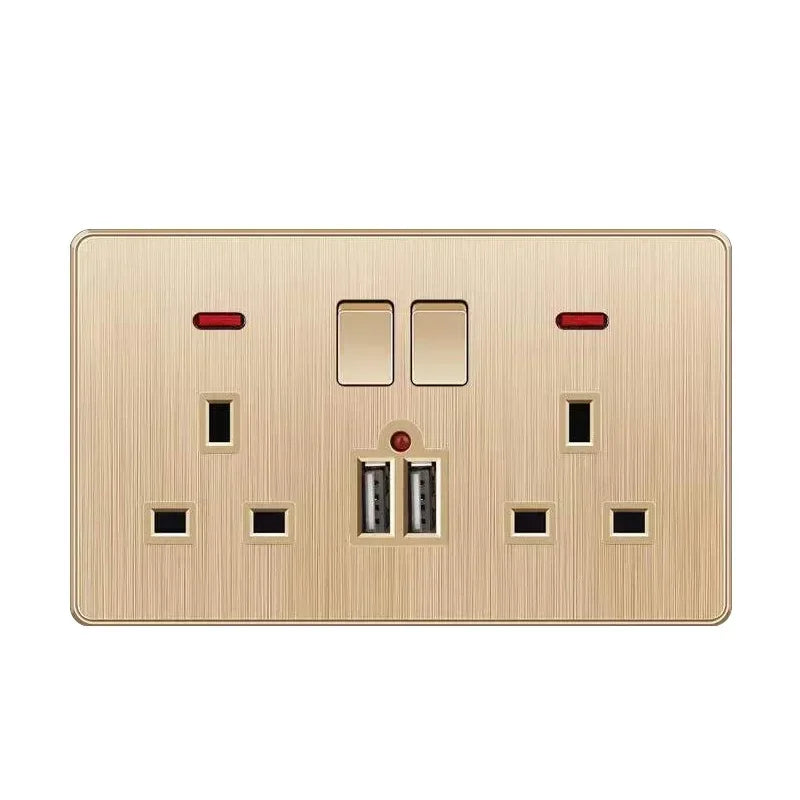Depoguye Gold 13A UK Plug USB Wall Power Socket, Universal 10-hole outlet with Switch Electrical wall outlet with usb charger Double usb socket / 110-250V