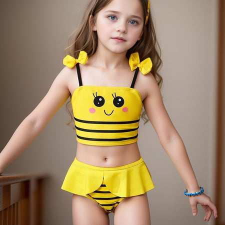 Little Bee Bow-Detail Striped Tankini for Young Girls Bright Yellow / 7Y
