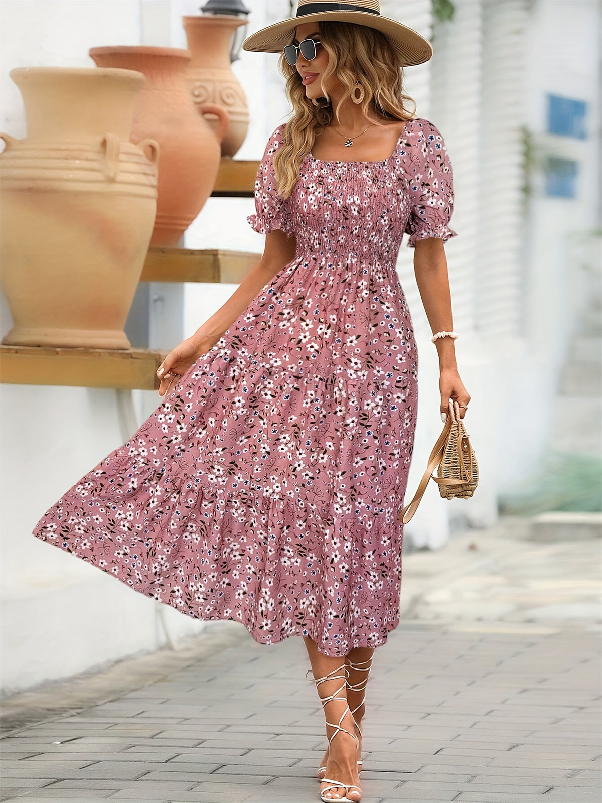 Elegant Floral Print Midi Dress with Ruffle Sleeves and Square Neck