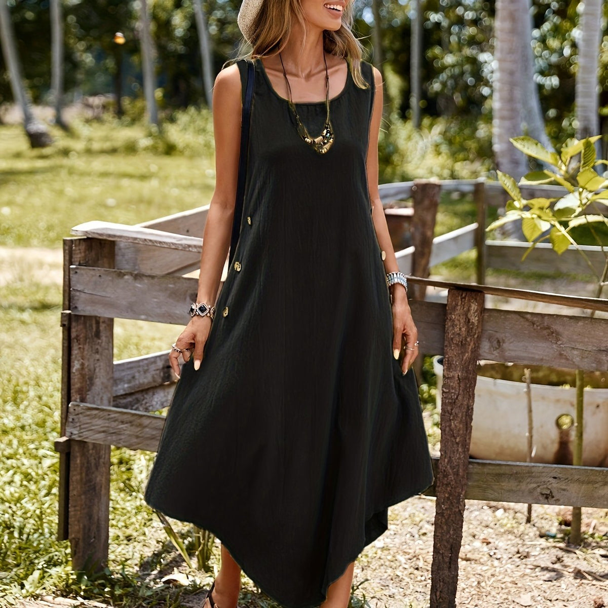 Elegant Asymmetrical Hem A-Line Dress in Solid Polyester Black / L