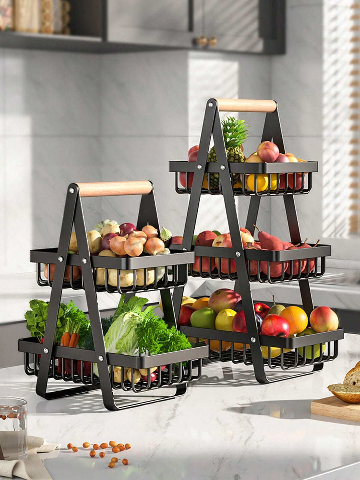 Wrought Iron Foldable Double-Layer Storage Basket for Kitchen and Home A