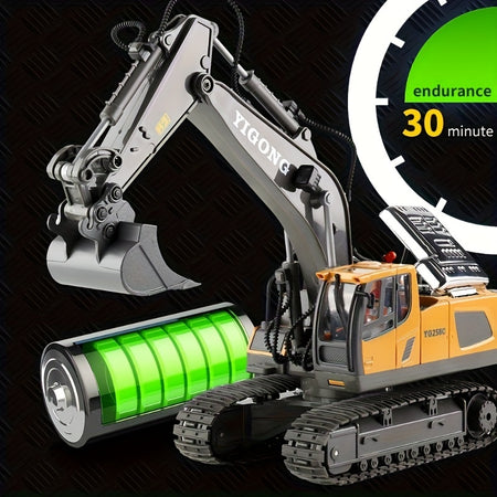 11 Channel RC Excavator Toy with Metal Shovel, Remote Control Bulldozer Vehicles - Gift with Light and Sound