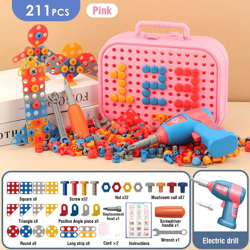 Electric Drill Screw Nut 3D Puzzle Toys Pretend Play Dinosaur Tool Toy Drilling Assembly Engineering Educational Toys for Boys pink 211pcs