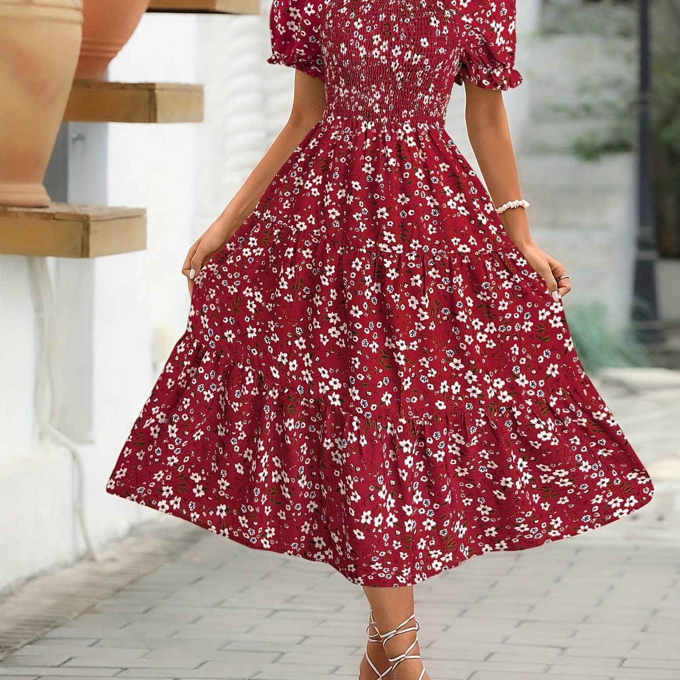 Elegant Floral Print Midi Dress with Ruffle Sleeves and Square Neck Red Print / XXL