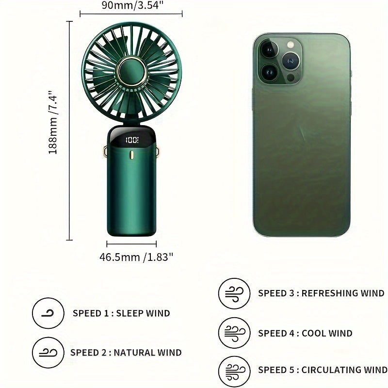 Portable Handheld Fan With Digital Display &amp; 5 Speed Settings