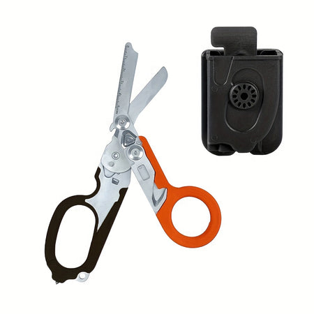 Tactical Stainless Steel Folding Scissors with Ergonomic Design Folding Scissors (Orange and Black) + Sheath (Black)