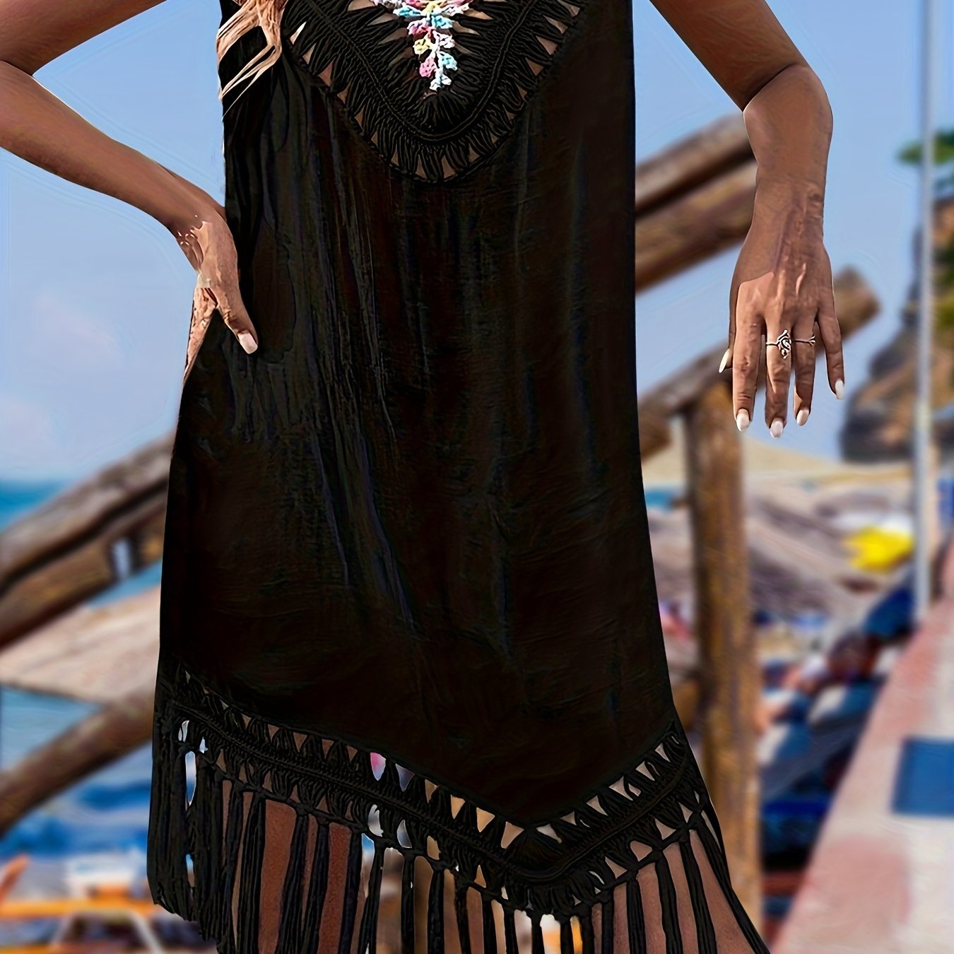 Boho Chic Hollow Out Crochet Backless Cover-Up Dress Black / L