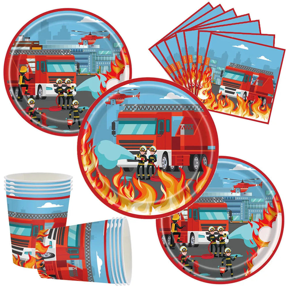 Fire Truck Firefighter Party Supplies - Plates, Napkins, Cups, Tablecloth - Boy Firefighter Theme Birthday Decorations