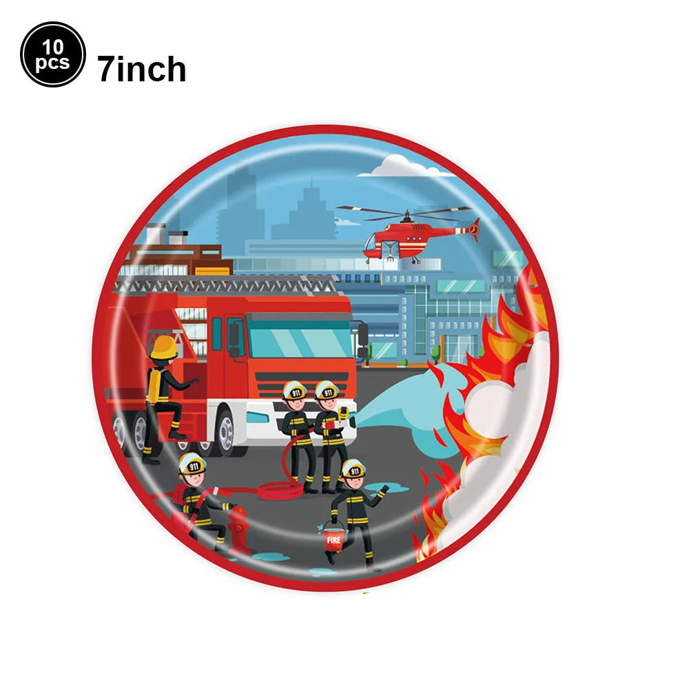 Fire Truck Firefighter Party Supplies - Plates, Napkins, Cups, Tablecloth - Boy Firefighter Theme Birthday Decorations Dessert Plates7inch