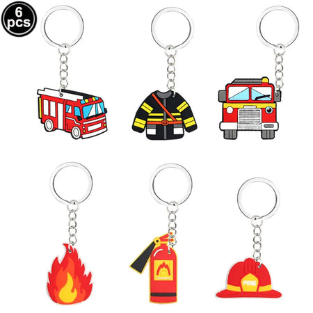 Fire Truck Firefighter Party Supplies - Plates, Napkins, Cups, Tablecloth - Boy Firefighter Theme Birthday Decorations Keychains-6pcs