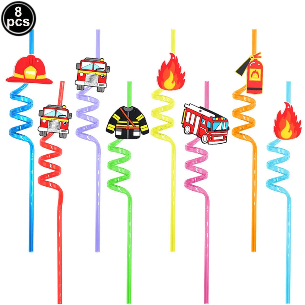 Fire Truck Firefighter Party Supplies - Plates, Napkins, Cups, Tablecloth - Boy Firefighter Theme Birthday Decorations straws