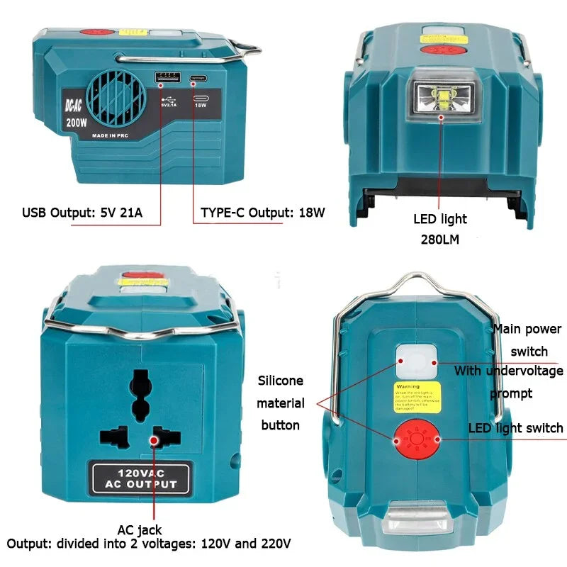For Makita/Bosch/Dewalt/Milwaukee 18V Battery Outdoor Portable Inverter 200W AC 120-220V Modified Sine Wave Power Adapter