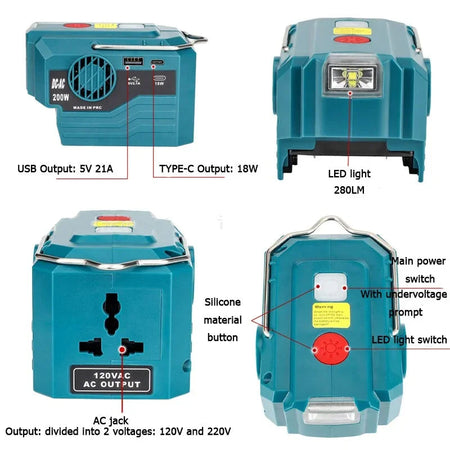 For Makita/Bosch/Dewalt/Milwaukee 18V Battery Outdoor Portable Inverter 200W AC 120-220V Modified Sine Wave Power Adapter