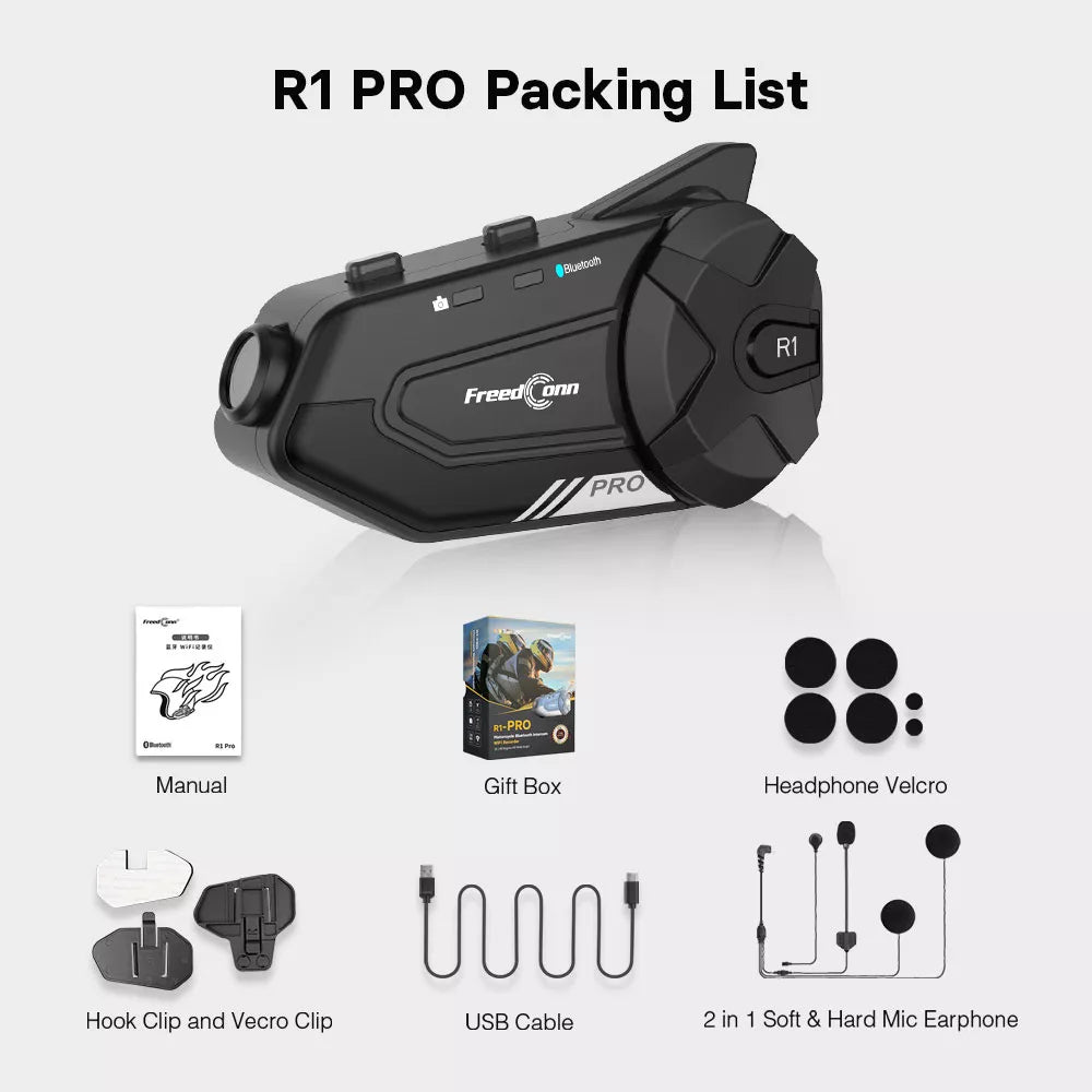 Freedconn R1 Pro Bluetooth Motorcycle Intercom Helmet Headset Group Speaker Headphone WiFi App Motorbike Dash Cam Moto Auto Dvr