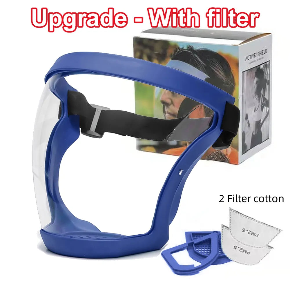 Full Face Transparent Protective Mask Dust-proof Anti-fog Head Cover Reusable Kitchen Oil-splash Proof Face Mask with Filters blue