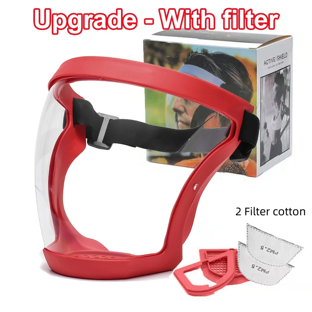 Full Face Transparent Protective Mask Dust-proof Anti-fog Head Cover Reusable Kitchen Oil-splash Proof Face Mask with Filters red