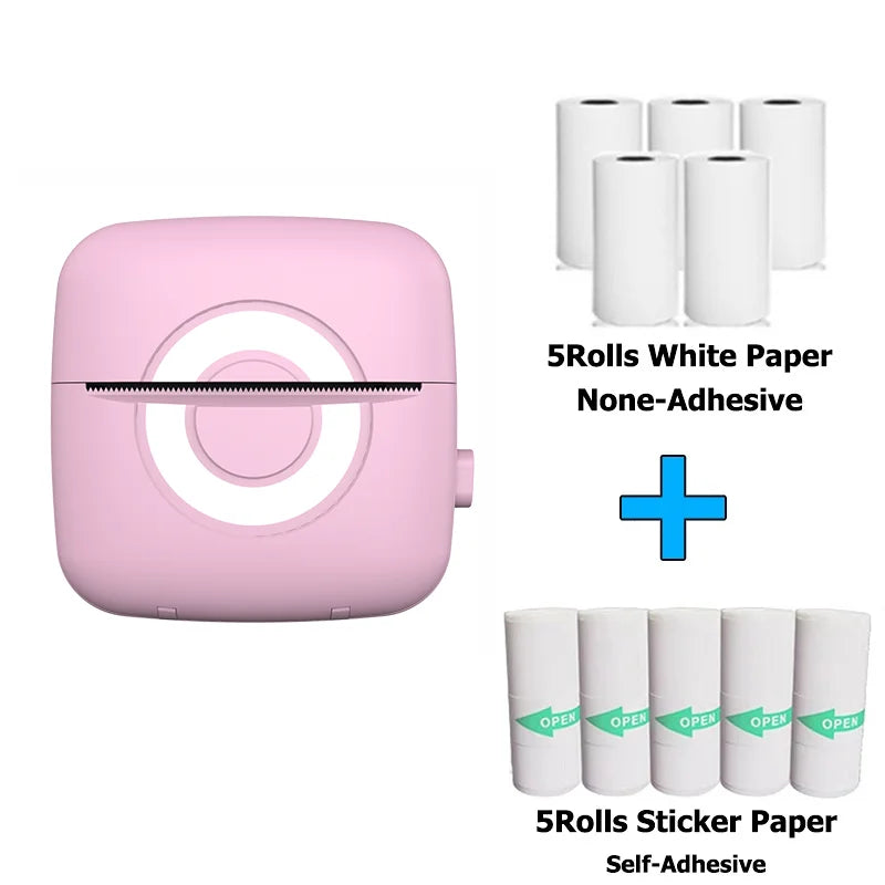 Fun Print C13 Portable Mini Printer Stickers Label Thermal Photo Labeller Printing Maker Self-adhesive Colors Transparent Papers C13 Pink with 10Roll