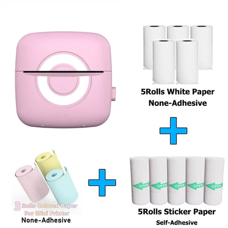 Fun Print C13 Portable Mini Printer Stickers Label Thermal Photo Labeller Printing Maker Self-adhesive Colors Transparent Papers C13 Pink with 13Roll