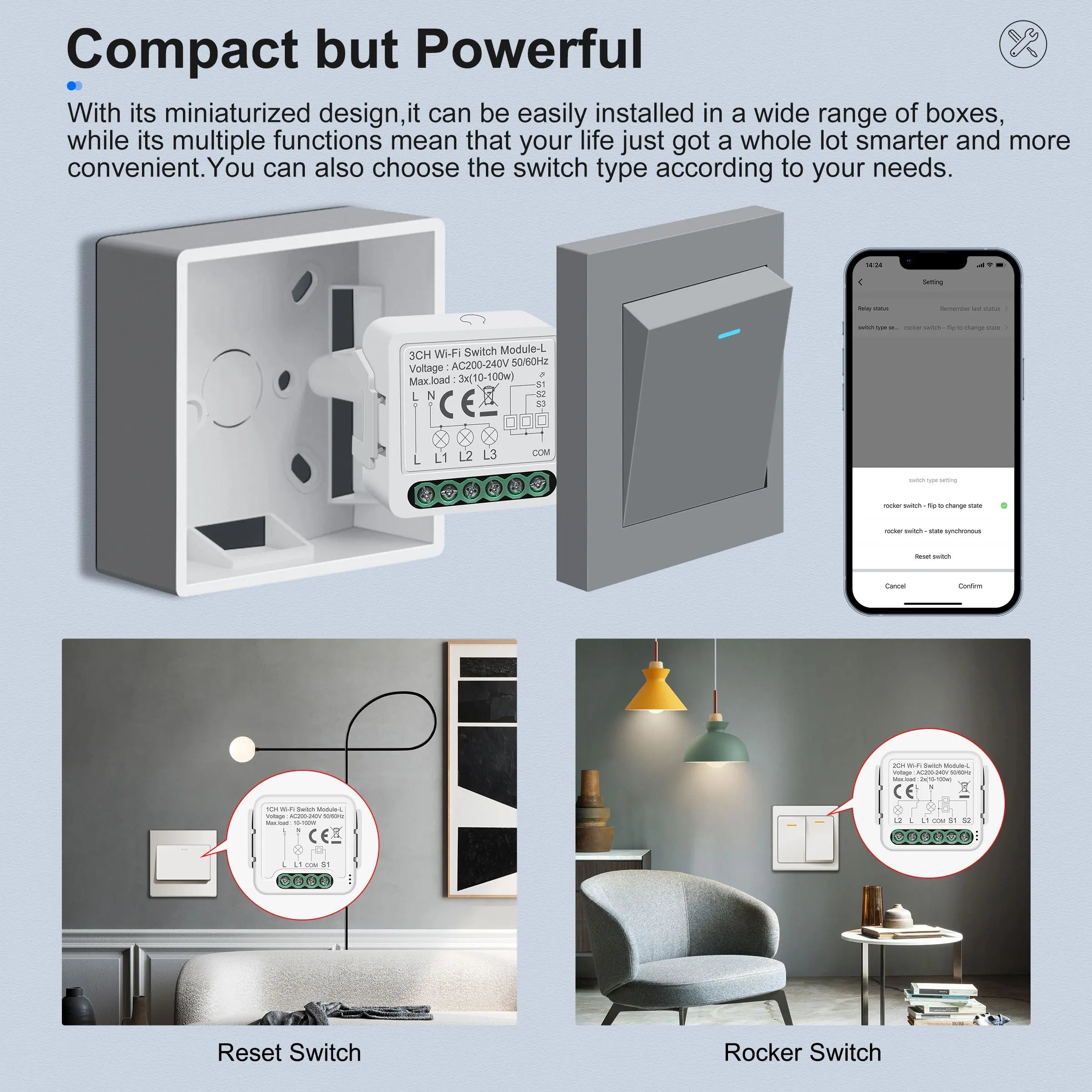 GIRIER Tuya WiFi Smart Switch Module No Neutral Wire Required Breaker Relay 1 2 3 4 Gang Supports 2 Way Control Alexa Hey Google
