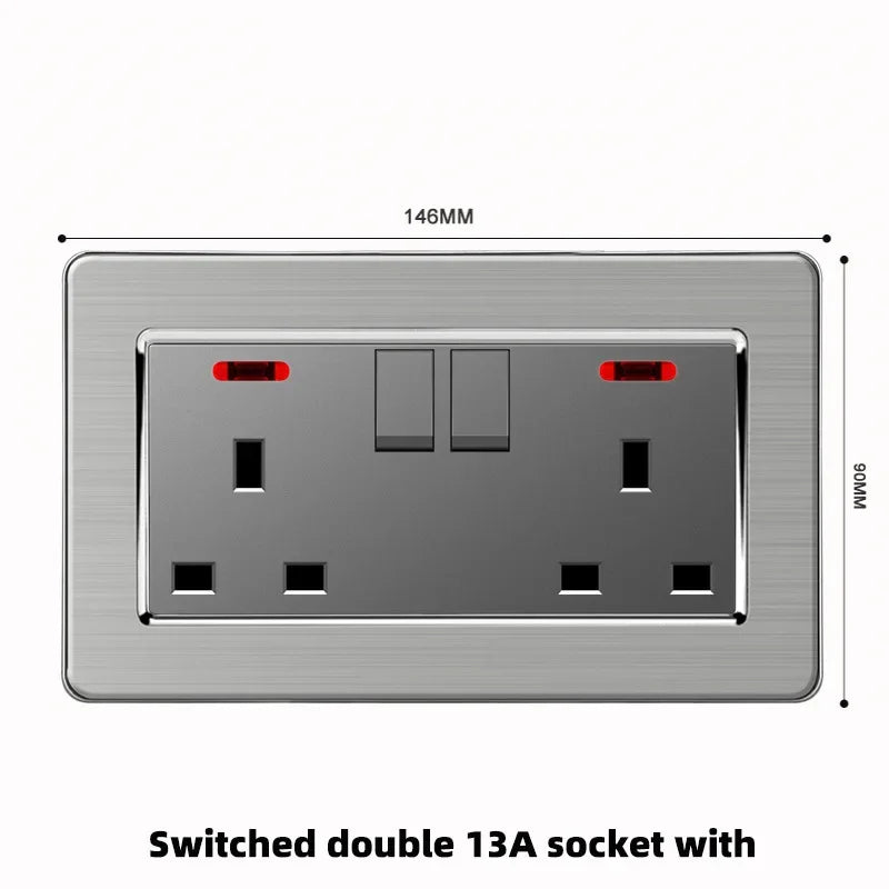 Grey Stainless Steel Metal Uk 13A Wall 220V Light Switch with Electrical Socket, Smart Type-c Fast Charging Wall USB C Socket