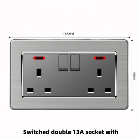 Grey Stainless Steel Metal Uk 13A Wall 220V Light Switch with Electrical Socket, Smart Type-c Fast Charging Wall USB C Socket